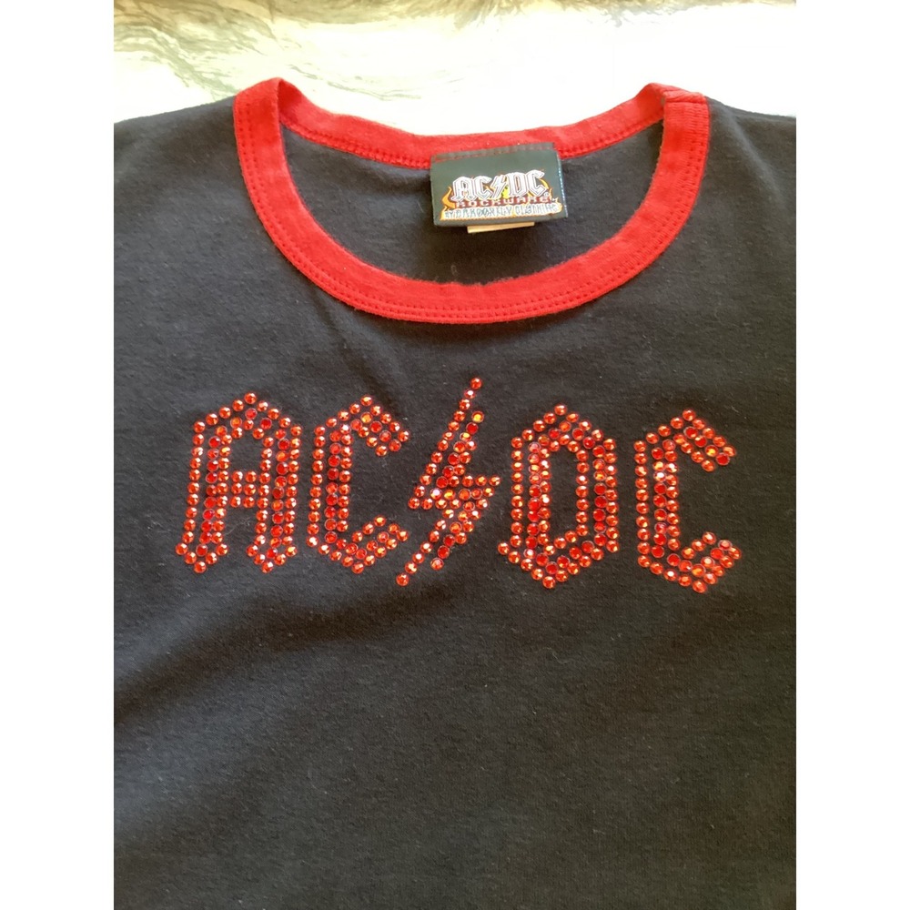 AC/DC Rockware Dragonfly Clothing Ringer Tee Black Red Rhinestone Logo 2004 Med